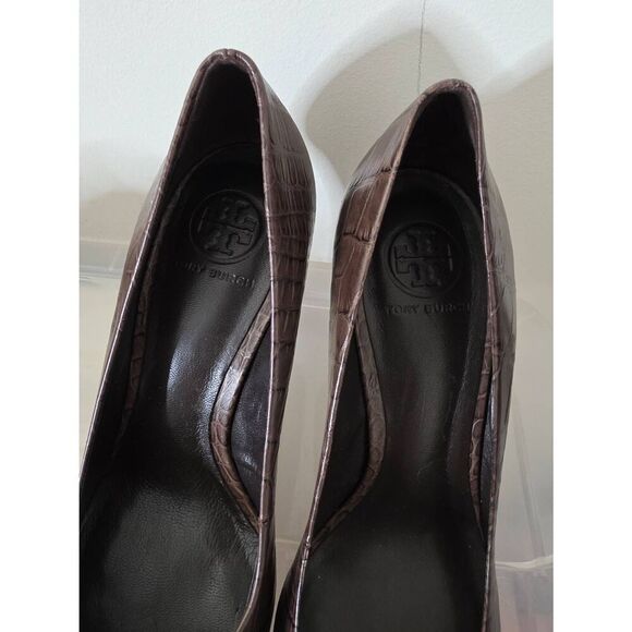 $278 Tory Burch US 10M Brown Croc Embossed Leather Pumps Wood Platform Heel - Picture 3 of 10
